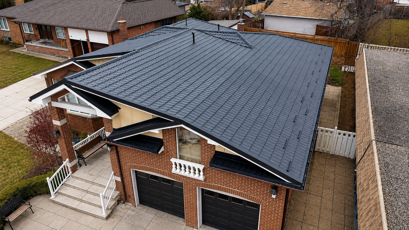 Completed charcoal metal roof viewed from above