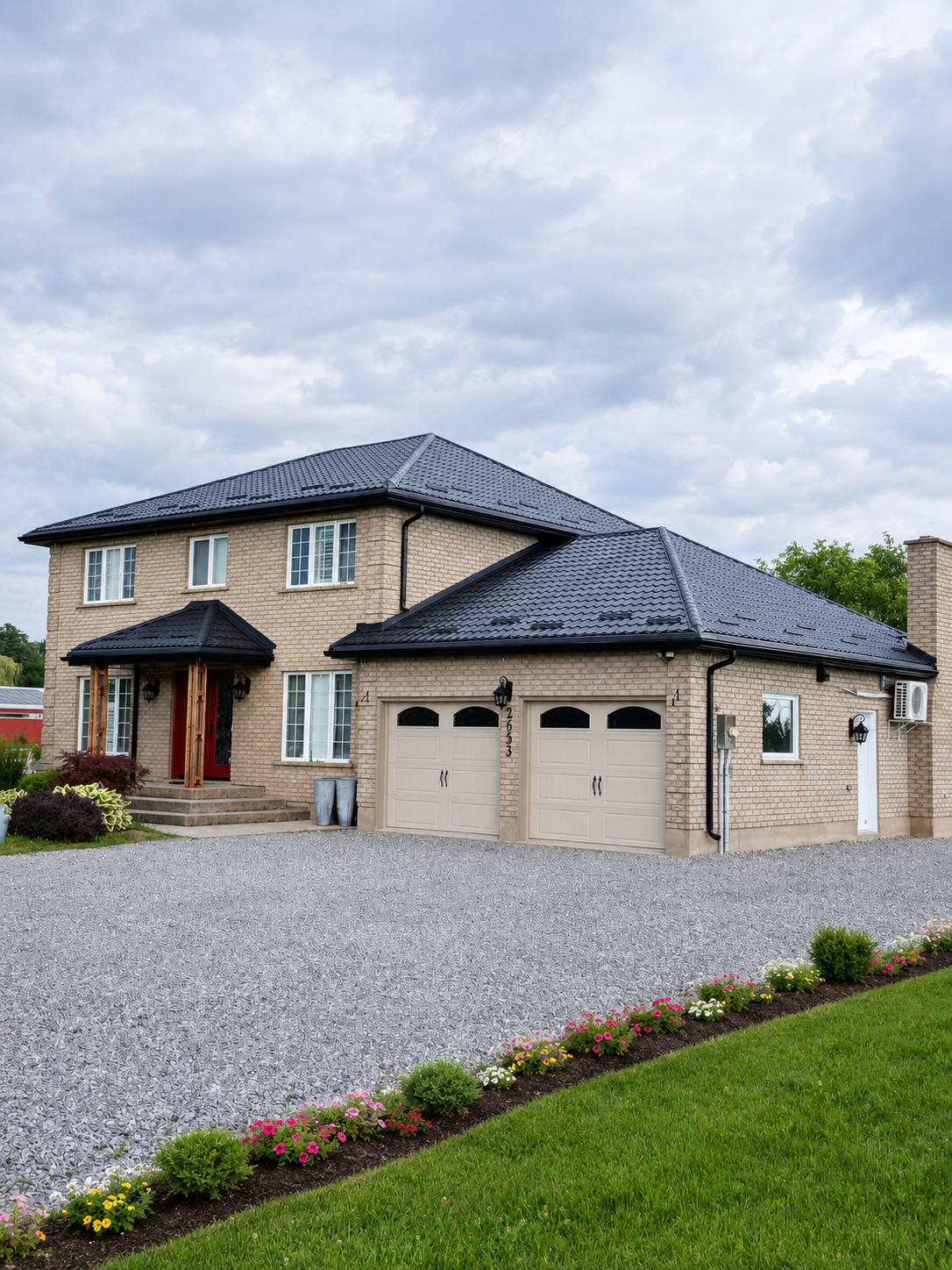 Completed dark metal roof on a country home