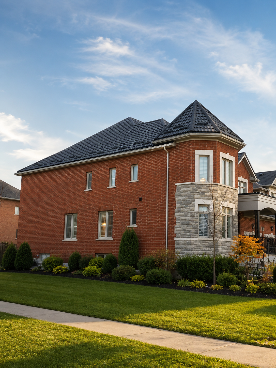 Completed metal roof on a brick estate home
