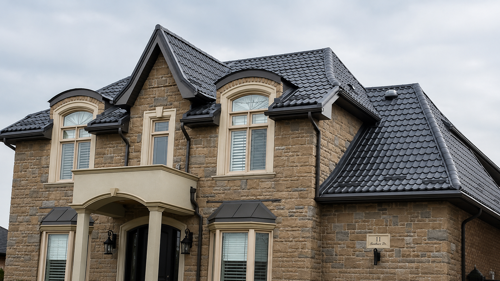 Completed charcoal metal roof on a stone home